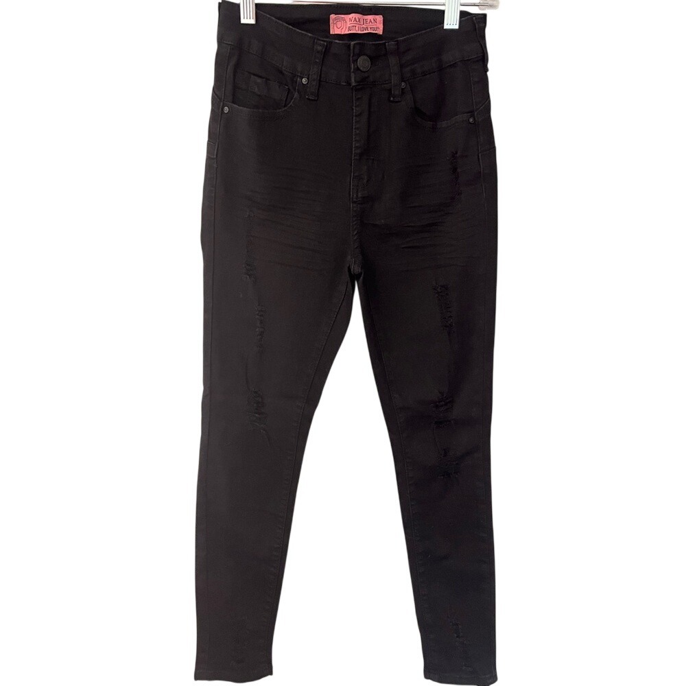 Wax Jean Butt I Love You Black Distressed Skinny Jeans High Rise 90174 Size 1/25